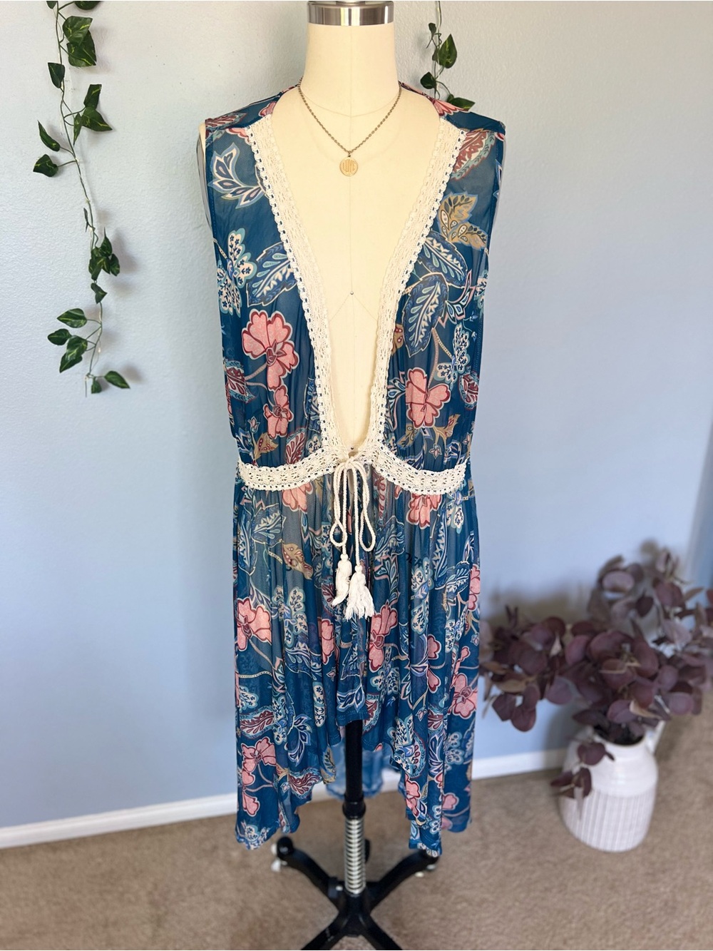 Liberty Love Boho Sheer Mesh Floral Crochet Duster Kimono 2XL Blue